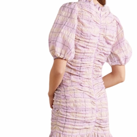 New Ganni Seersucker Check Ruched Short Dress - Picture 2 of 11